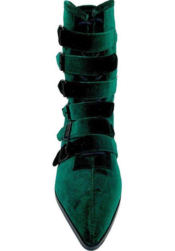 Coven [Green Velvet] | BOOTS - Beserk - all, ankle boots, boot, bootie, boots, boots [in stock], cottagecore, dark green, discountapp, emerald, emerald green, exclusive, fp, googleshopping, goth, gothic, green, halloween shoes, heeled boots, in stock, labelexclusive, labelvegan, ladies shoes, may23, medieval, platform boots, platforms [in stock], pointed, pointed toe, R090523, renaissance, shoe, shoes, STR47174, vegan, velvet, velvet shoe, witch, witches, witchy