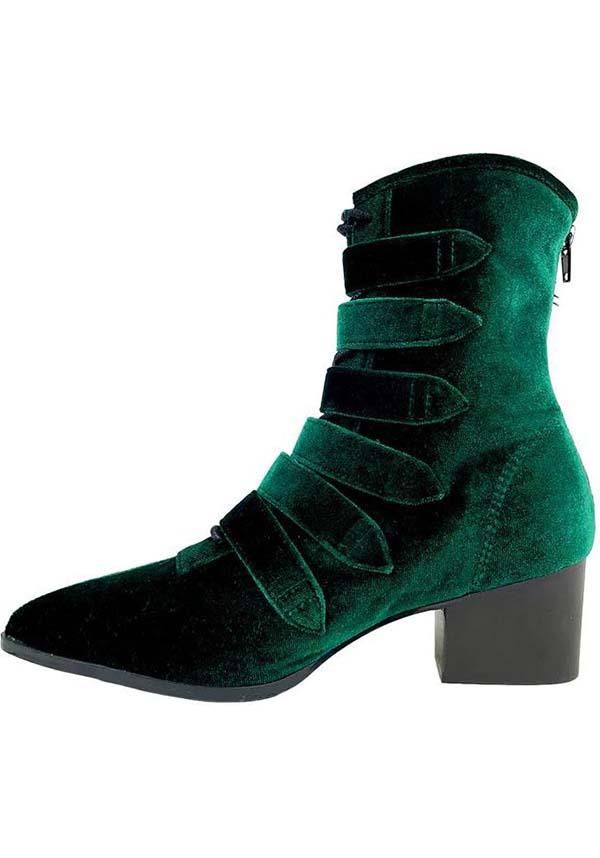 Coven [Green Velvet] | BOOTS - Beserk - all, ankle boots, boot, bootie, boots, boots [in stock], cottagecore, dark green, discountapp, emerald, emerald green, exclusive, fp, googleshopping, goth, gothic, green, halloween shoes, heeled boots, in stock, labelexclusive, labelvegan, ladies shoes, may23, medieval, platform boots, platforms [in stock], pointed, pointed toe, R090523, renaissance, shoe, shoes, STR47174, vegan, velvet, velvet shoe, witch, witches, witchy