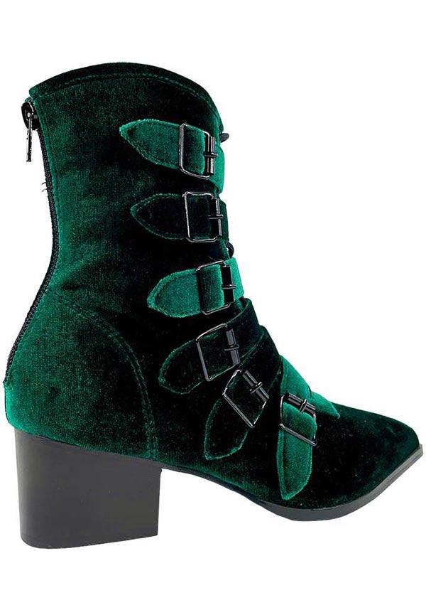 Coven [Green Velvet] | BOOTS - Beserk - all, ankle boots, boot, bootie, boots, boots [in stock], cottagecore, dark green, discountapp, emerald, emerald green, exclusive, fp, googleshopping, goth, gothic, green, halloween shoes, heeled boots, in stock, labelexclusive, labelvegan, ladies shoes, may23, medieval, platform boots, platforms [in stock], pointed, pointed toe, R090523, renaissance, shoe, shoes, STR47174, vegan, velvet, velvet shoe, witch, witches, witchy