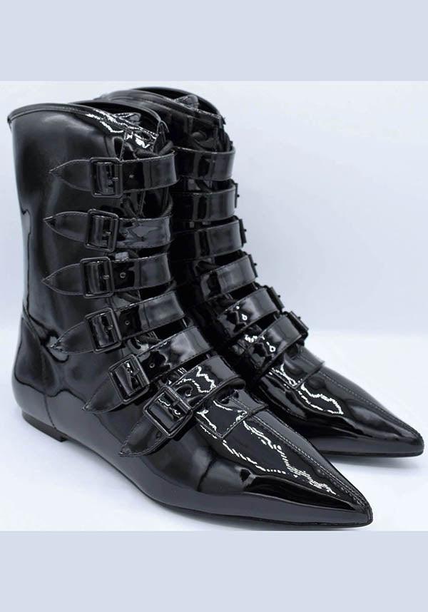 Coven Pike [Black Patent] | FLAT BOOTS** - Beserk - all, ankle boots, black, boot, boots, boots [in stock], buckle, buckles, clickfrenzy15-2023, discountapp, exclusive, finalsale, goth, gothic, halloween, in stock, instock, jan22, labelexclusive, labelinstock, labelsale, labelvegan, ladies, lastonesale, medieval, mysterypack2023, patent, point, pointed, pointed toe, pointy, R160122, sale, sale shoes, shiny, shoes, STR36307, strangecult, vegan, winter, witchy