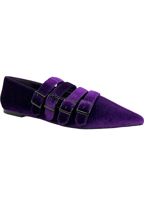 Coven [Purple Velvet] | FLATS** - Beserk - all, clickfrenzy15-2023, discountapp, exclusive, finalsale, flats, flats [in stock], goth, gothic, halloween, instock, jan22, labelexclusive, labelinstock, labelsale, labelvegan, ladies, lastonesale, medieval, mysterypack2023, point, pointed, pointed toe, pointy, purple, R160122, sale, sale shoes, shoes, STR36307, strangecult, strappy, vegan, velvet, velvet shoe, winter, witchy
