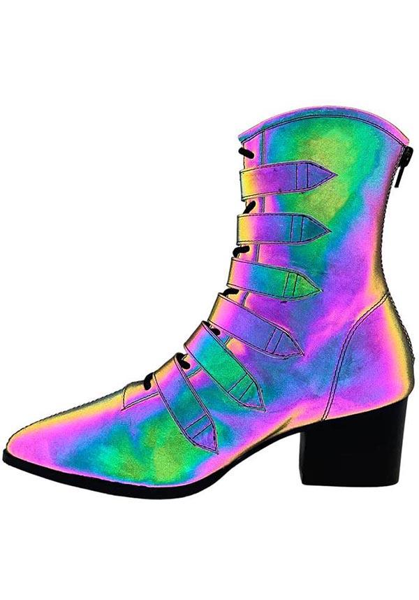 Coven [Reflective] | BOOTS - Beserk - all, ankle boots, bootie, boots, boots [in stock], buckle, buckles, discountapp, exclusive, fp, googleshopping, goth, gothic, halloween shoes, heeled boots, in stock, labelexclusive, labelvegan, ladies shoes, magic, magical, magick, may23, multi, multicolour, pastel, pastel goth, platform, platform boots, platform heels, platforms, platforms [in stock], pointed, pointed toe, R090523, rainbow, reflective, shoe, shoes, STR47174, vegan, witch, witches, witchy