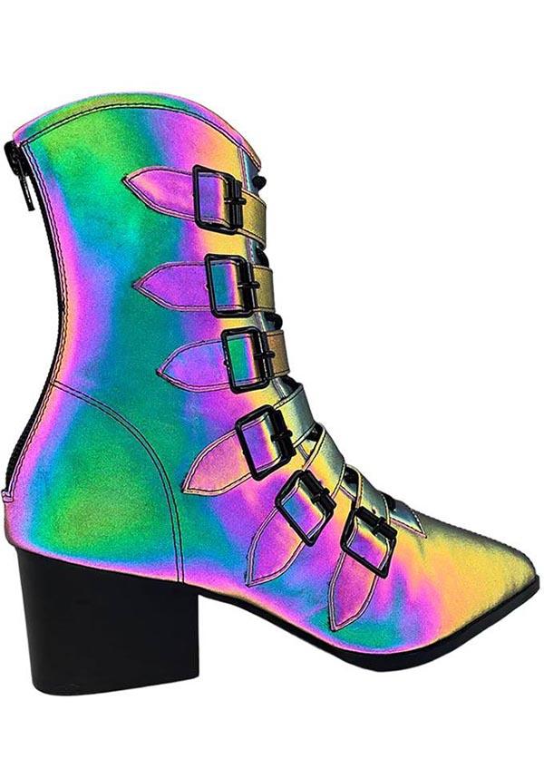 Coven [Reflective] | BOOTS - Beserk - all, ankle boots, bootie, boots, boots [in stock], buckle, buckles, discountapp, exclusive, fp, googleshopping, goth, gothic, halloween shoes, heeled boots, in stock, labelexclusive, labelvegan, ladies shoes, magic, magical, magick, may23, multi, multicolour, pastel, pastel goth, platform, platform boots, platform heels, platforms, platforms [in stock], pointed, pointed toe, R090523, rainbow, reflective, shoe, shoes, STR47174, vegan, witch, witches, witchy