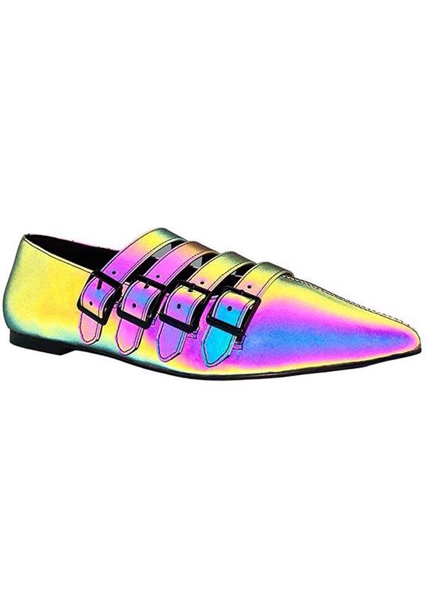 Coven [Reflective] | FLATS - Beserk - all, discountapp, exclusive, flats, flats [in stock], fp, googleshopping, goth, gothic, halloween shoes, in stock, labelexclusive, labelvegan, ladies shoes, magic, magical, magick, may23, multi, multicolour, pastel, pastel goth, pointed, pointed toe, R090523, rainbow, reflective, shoe, shoes, STR47174, vegan, witch, witches, witchy