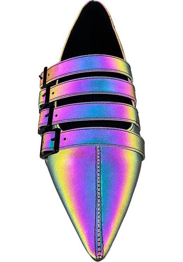 Coven [Reflective] | FLATS - Beserk - all, discountapp, exclusive, flats, flats [in stock], fp, googleshopping, goth, gothic, halloween shoes, in stock, labelexclusive, labelvegan, ladies shoes, magic, magical, magick, may23, multi, multicolour, pastel, pastel goth, pointed, pointed toe, R090523, rainbow, reflective, shoe, shoes, STR47174, vegan, witch, witches, witchy
