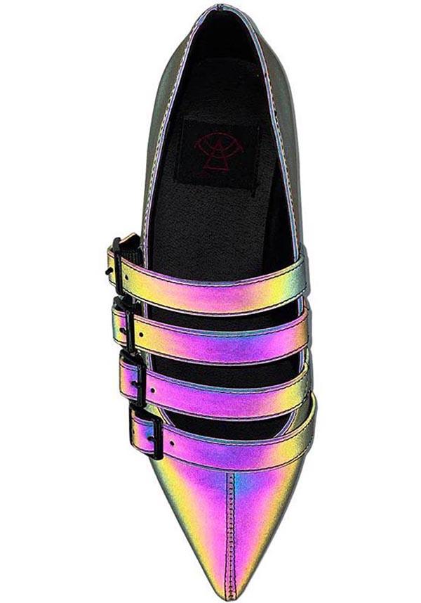 Coven [Reflective] | FLATS - Beserk - all, discountapp, exclusive, flats, flats [in stock], fp, googleshopping, goth, gothic, halloween shoes, in stock, labelexclusive, labelvegan, ladies shoes, magic, magical, magick, may23, multi, multicolour, pastel, pastel goth, pointed, pointed toe, R090523, rainbow, reflective, shoe, shoes, STR47174, vegan, witch, witches, witchy