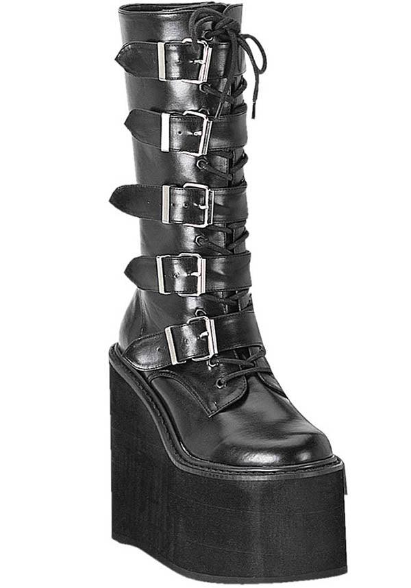 SWING-220 [Black] | PLATFORM BOOTS [PREORDER] - Beserk - 01062020, all, black, boots, boots [preorder], buckle, buckle up, buckles, clickfrenzy15-2023, demonia, discountapp, fp, labelpreorder, labelvegan, long boots, mid calf boots, platform boots, platforms, platforms [preorder], pleaserimageupdated, ppo, preorder, shoes, techwear, vegan