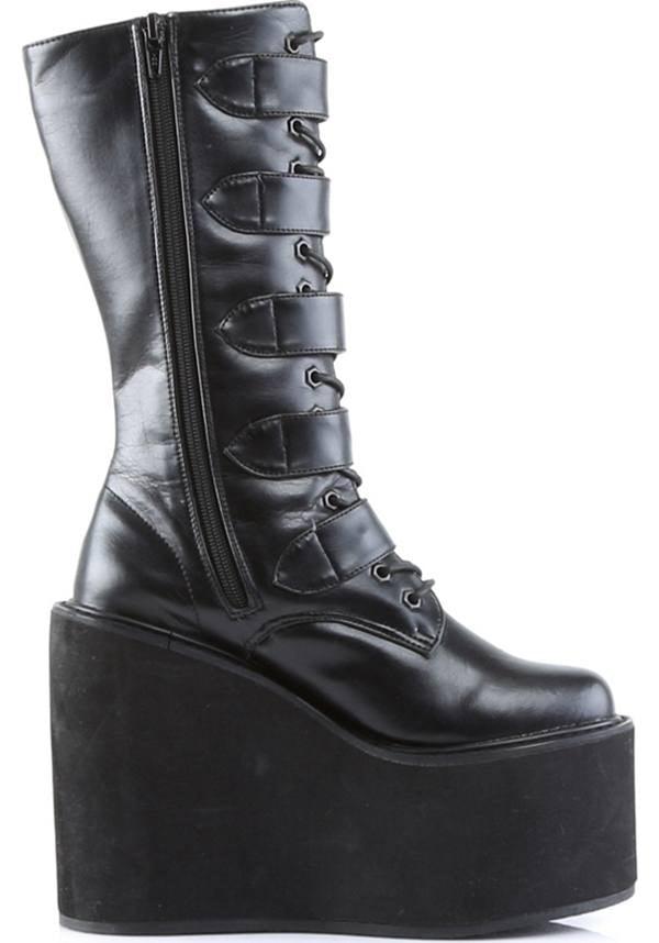 SWING-220 [Black] | PLATFORM BOOTS [PREORDER] - Beserk - 01062020, all, black, boots, boots [preorder], buckle, buckle up, buckles, clickfrenzy15-2023, demonia, discountapp, fp, labelpreorder, labelvegan, long boots, mid calf boots, platform boots, platforms, platforms [preorder], pleaserimageupdated, ppo, preorder, shoes, techwear, vegan