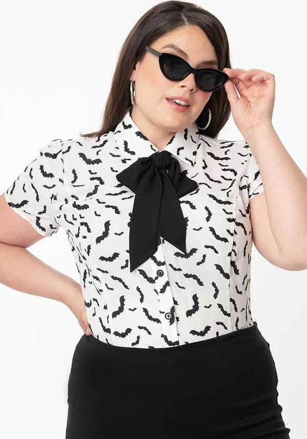 Bats [White/Black] | POWER PLAY TOP* - Beserk - all, all clothing, all ladies, all ladies clothing, bat, bats, black and white, blouse, bow, clickfrenzy15-2023, clothing, discontinued, discountapp, edgy, fp, girls top, goth, gothic, high top, ladies, ladies clothing, ladies top, plus, plus size, pussybow, R290921, sep21, short sleeved top, tees and tops, top, tops, tshirts and tops, UV732300, womens top