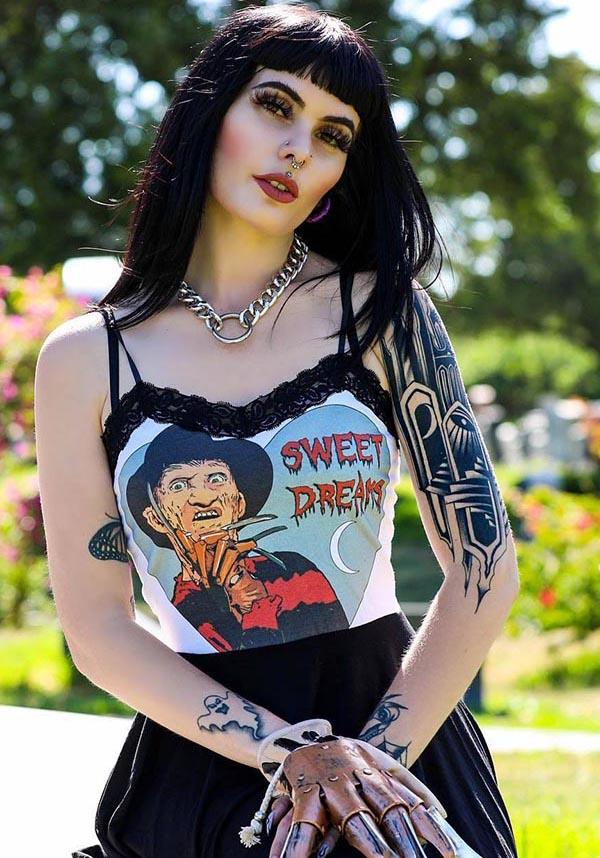 Sweet Dreams | LACE TOP - Beserk - all, all clothing, all ladies clothing, black and white, clickfrenzy15-2023, clothing, crescent moon, crop, crop top, cropped, cropped top, croptop, dec22, discountapp, fp, freddy krueger, googleshopping, goth, goth singlet, gothic, heart shape, kawaii, lace, ladies clothing, ladies crop, ladies crop top, ladies singlet, moon, moon phase, nightmare on elm street, R131222, singlet, white, womens crop, womens crop tops, womens singlet