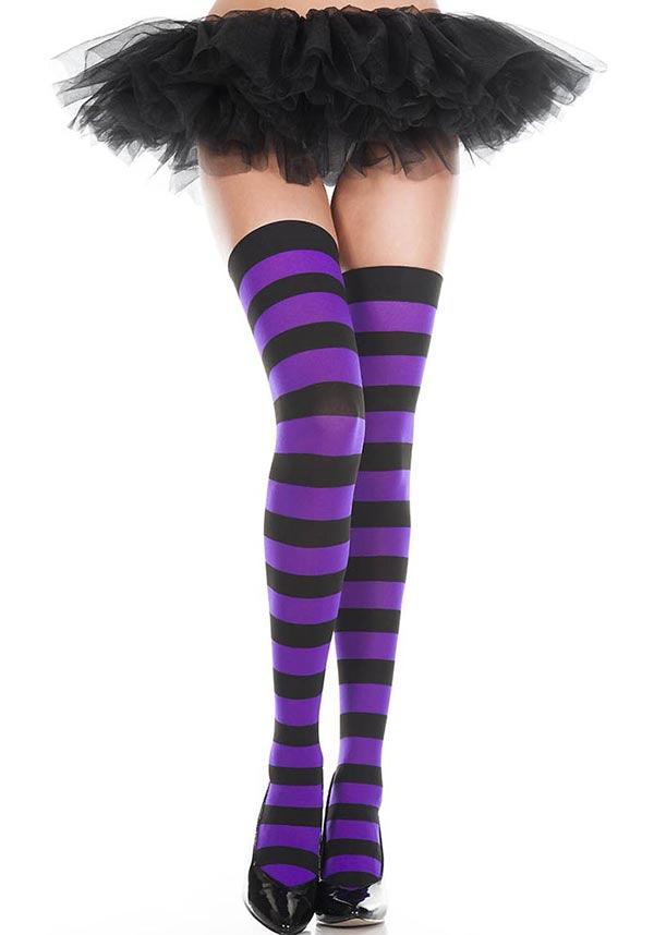 Wide Stripe [Black/Purple] | THIGH HIGHS - Beserk - all, all clothing, all ladies, all ladies clothing, black, bravenkrazy, clickfrenzy15-2023, clothing, cpgstinc, derby hosiery, discountapp, edgy, fp, goth, gothic, halloween, halloween clothing, hosiery, hosiery and socks, ladies, ladies clothing, long, music legs, opaque, purple, repriced290422, roller derby, socks, stripe, striped, stripes, stripey, thigh high