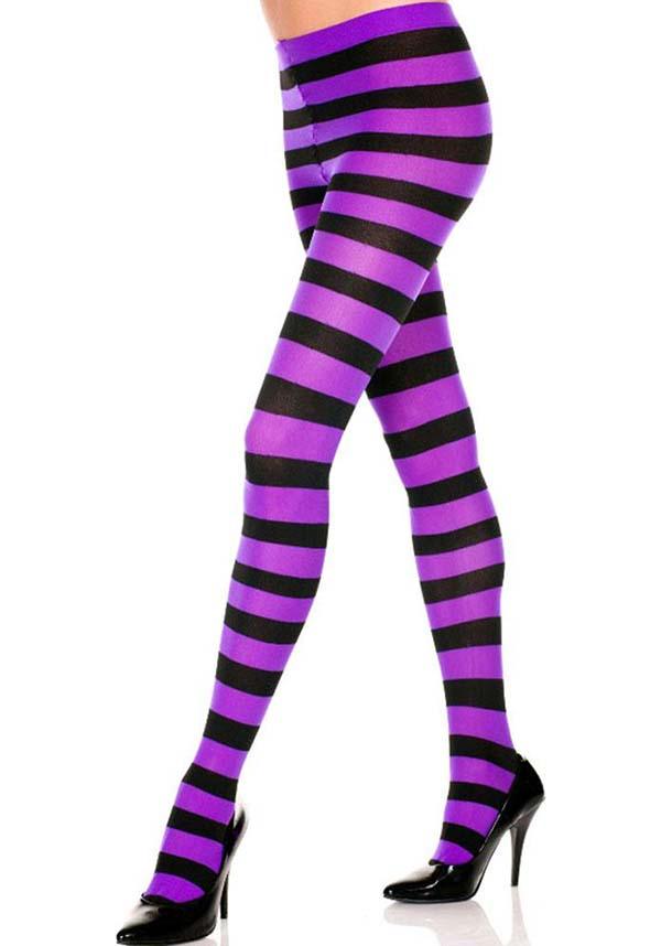 Wide Striped [Black/Purple] | TIGHTS^ - Beserk - all, all clothing, all ladies, all ladies clothing, backorder, beserkstaple, black, bravenkrazy, clickfrenzy15-2023, clothing, cosplay, cpgstinc, derby, derby hosiery, discountapp, edgy, fp, goth, gothic, halloween, halloween clothing, hosiery, hosiery and socks, ladies, ladies clothing, music legs, pantyhose, plus, plus size, purple, roller derby, rollerderby, stockings, stripe, striped, stripes, stripey, tights