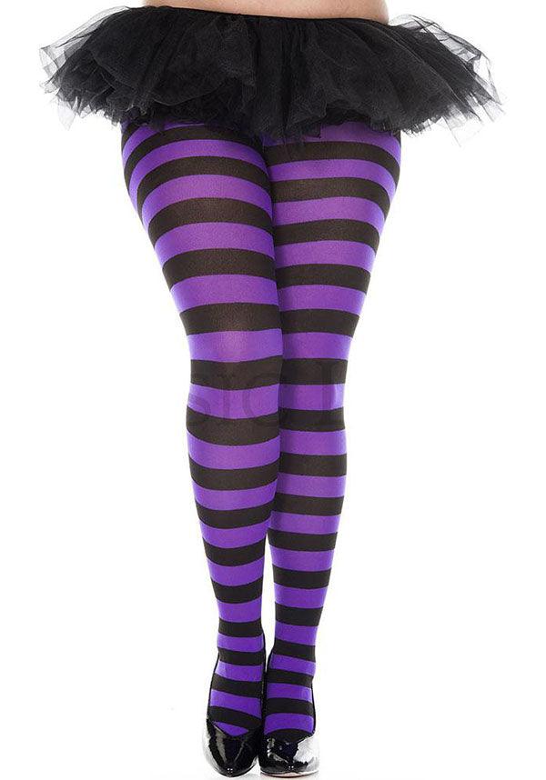 Wide Striped [Black/Purple] | TIGHTS^ - Beserk - all, all clothing, all ladies, all ladies clothing, backorder, beserkstaple, black, bravenkrazy, clickfrenzy15-2023, clothing, cosplay, cpgstinc, derby, derby hosiery, discountapp, edgy, fp, goth, gothic, halloween, halloween clothing, hosiery, hosiery and socks, ladies, ladies clothing, music legs, pantyhose, plus, plus size, purple, roller derby, rollerderby, stockings, stripe, striped, stripes, stripey, tights