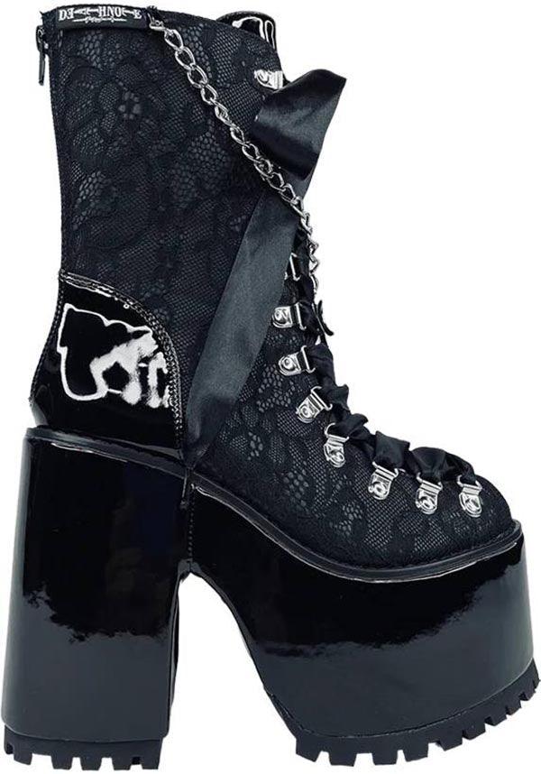 Absinthe Misa [Black Lace] | PLATFORM BOOTS - Beserk - all, anime, anime and manga, black, boots [in stock], death note, discountapp, faux leather, fp, googleshopping, goth, gothic, grunge, in stock, labelvegan, lace, lace up, lacey, ladies shoes, lolita, may23, patent, platform, platform boots, platforms, platforms [in stock], punk, R040523, shoe, shoes, vegan, yru, YRU93650