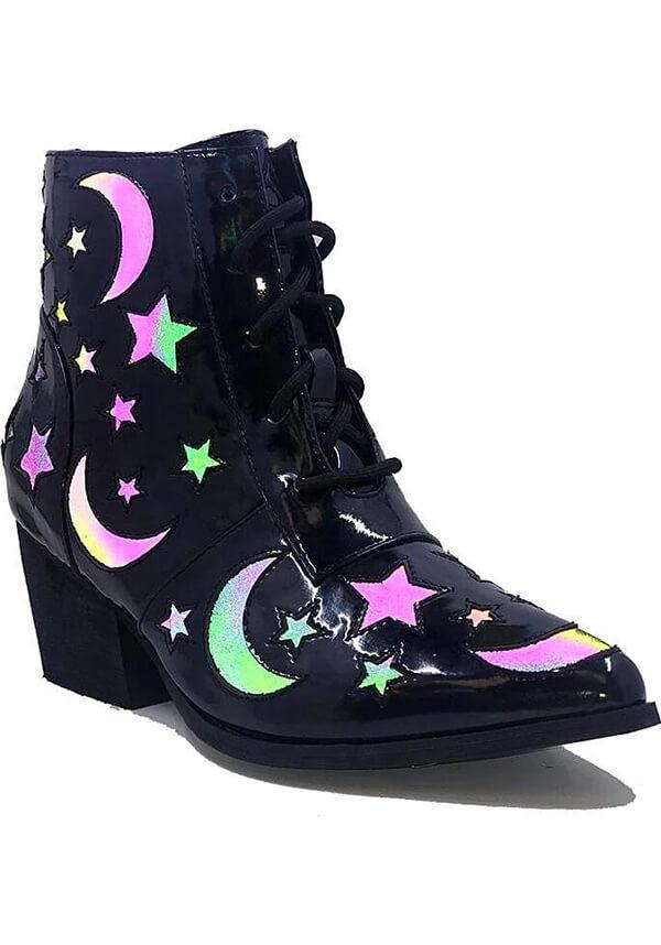 Aura Luna Reflective | BOOTS` - Beserk - all, ankle boots, aura, black, boot, bootie, boots, boots [in stock], clickfrenzy15-2023, colourful, dec19, discountapp, feet, foot, footwear, fp, goth, gothic, halloween, halloween shoes, holo, in stock, instock, kawaii, labelinstock, labelpending, labelvegan, ladies, multicolour, pastel goth, pointed toe, rainbow, reflect, reflective, shoe, shoes, tie up, vegan, wear