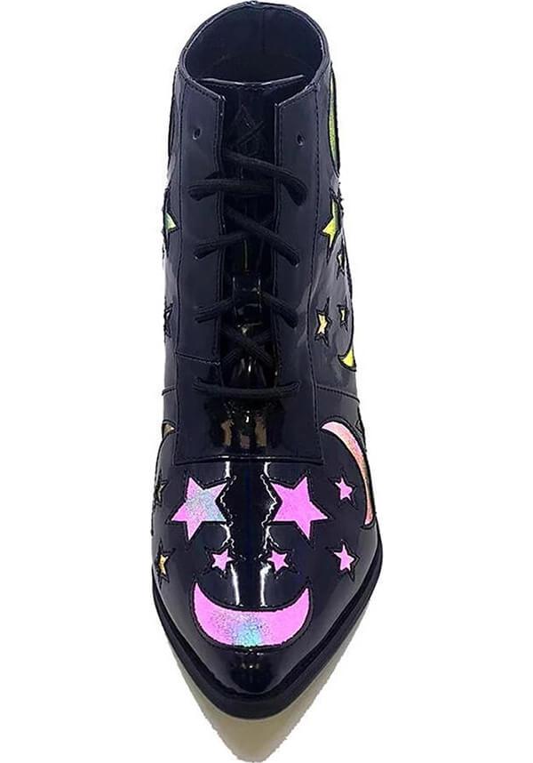 Aura Luna Reflective | BOOTS` - Beserk - all, ankle boots, aura, black, boot, bootie, boots, boots [in stock], clickfrenzy15-2023, colourful, dec19, discountapp, feet, foot, footwear, fp, goth, gothic, halloween, halloween shoes, holo, in stock, instock, kawaii, labelinstock, labelpending, labelvegan, ladies, multicolour, pastel goth, pointed toe, rainbow, reflect, reflective, shoe, shoes, tie up, vegan, wear