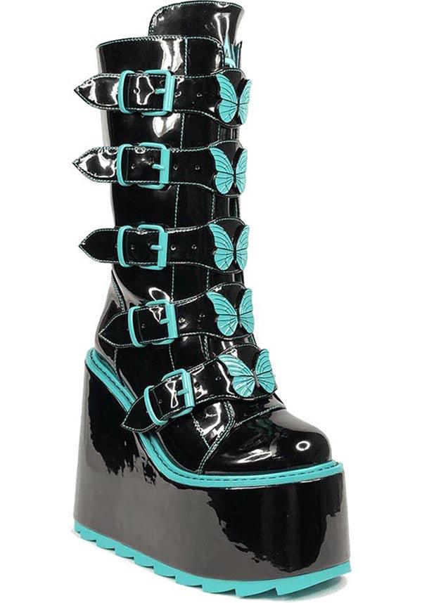 Dune Butterfly [Black/Teal] | PLATFORM BOOTS^ - Beserk - all, backorder, black, boot, boots, boots [in stock], butterfly, clickfrenzy15-2023, discountapp, fp, goth, gothic, instock, labelinstock, labelvegan, platform, platform boots, platforms, platforms [in stock], R180922, sep22, Sept, shoe, shoes, teal, vegan, YR78786, yru