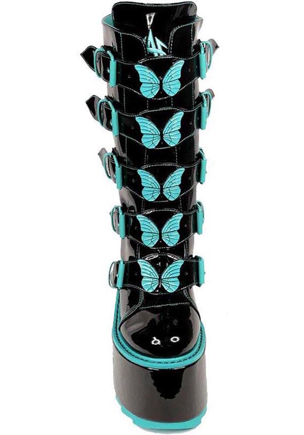 Dune Butterfly [Black/Teal] | PLATFORM BOOTS^ - Beserk - all, backorder, black, boot, boots, boots [in stock], butterfly, clickfrenzy15-2023, discountapp, fp, goth, gothic, instock, labelinstock, labelvegan, platform, platform boots, platforms, platforms [in stock], R180922, sep22, Sept, shoe, shoes, teal, vegan, YR78786, yru