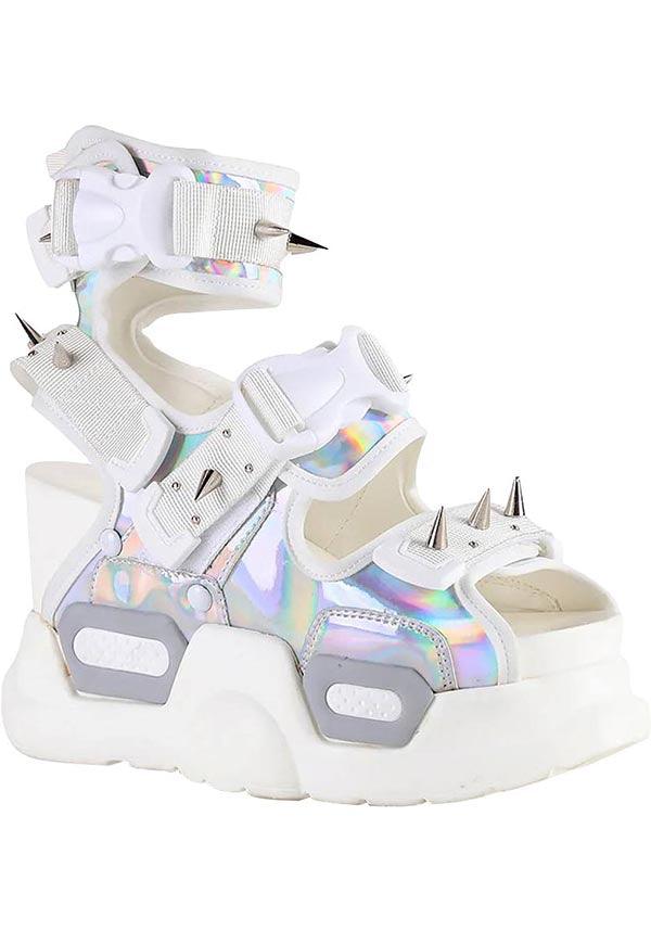 Mulberry 03 [Silver Holo] | PLATFORM SANDALS` - Beserk - all, all ladies, AW32098, buckle, buckles, clickfrenzy15-2023, discountapp, fp, googleshopping, holo, holographic, in stock, instock, labelexclusive, labelinstock, labelpending, labelvegan, ladies, platform, platforms, platforms [in stock], pool slides and slip ons, R130922, sandals, sep22, Sept, shoe, shoes, spike, spiked, spiked shoe, spikes, spikey, vegan, white