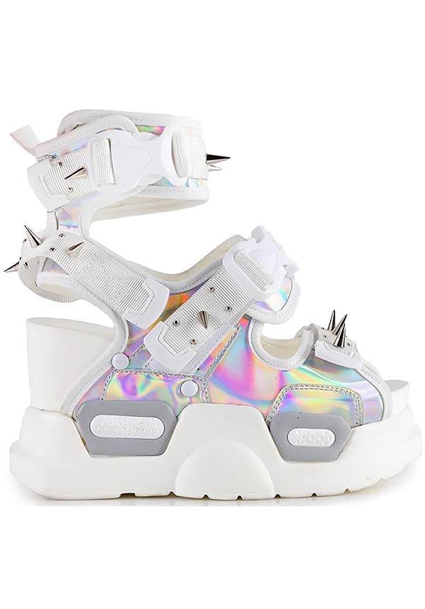 Mulberry 03 [Silver Holo] | PLATFORM SANDALS` - Beserk - all, all ladies, AW32098, buckle, buckles, clickfrenzy15-2023, discountapp, fp, googleshopping, holo, holographic, in stock, instock, labelexclusive, labelinstock, labelpending, labelvegan, ladies, platform, platforms, platforms [in stock], pool slides and slip ons, R130922, sandals, sep22, Sept, shoe, shoes, spike, spiked, spiked shoe, spikes, spikey, vegan, white
