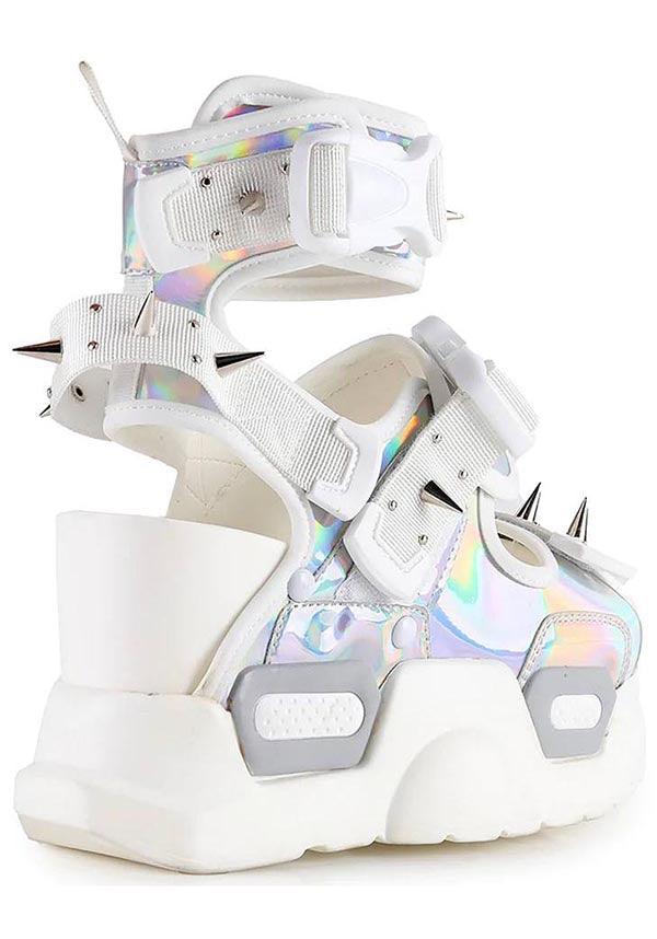 Mulberry 03 [Silver Holo] | PLATFORM SANDALS` - Beserk - all, all ladies, AW32098, buckle, buckles, clickfrenzy15-2023, discountapp, fp, googleshopping, holo, holographic, in stock, instock, labelexclusive, labelinstock, labelpending, labelvegan, ladies, platform, platforms, platforms [in stock], pool slides and slip ons, R130922, sandals, sep22, Sept, shoe, shoes, spike, spiked, spiked shoe, spikes, spikey, vegan, white