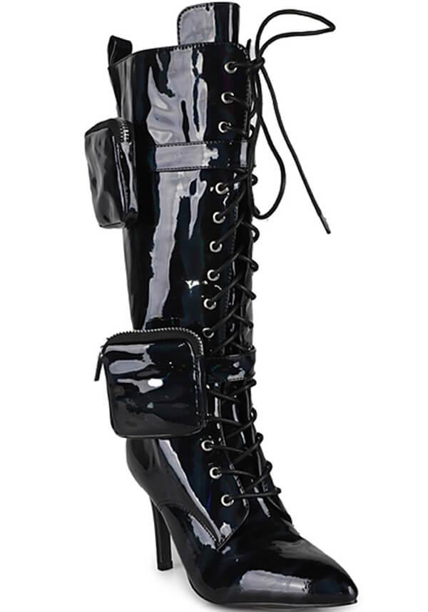 San Jose-01 [Black Holo] | BOOTS** - Beserk - all, anthony wang, AW31896, black, boots, boots [in stock], clickfrenzy15-2023, collection-wintersale2022, discountapp, fetish, finalsale, heels, heels [in stock], in stock, instock, knee high boots, labelexclusive, labelinstock, labelsale, labelvegan, long boots, mar22, mysterypack2023, patent, pockets, R210322, sale, sale shoes, shiny, shoes, vegan