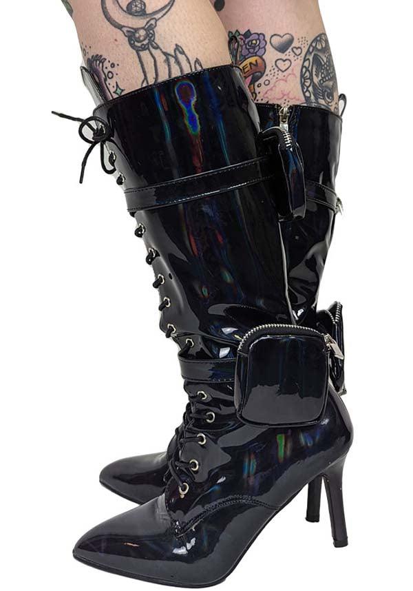 San Jose-01 [Black Holo] | BOOTS** - Beserk - all, anthony wang, AW31896, black, boots, boots [in stock], clickfrenzy15-2023, collection-wintersale2022, discountapp, fetish, finalsale, heels, heels [in stock], in stock, instock, knee high boots, labelexclusive, labelinstock, labelsale, labelvegan, long boots, mar22, mysterypack2023, patent, pockets, R210322, sale, sale shoes, shiny, shoes, vegan