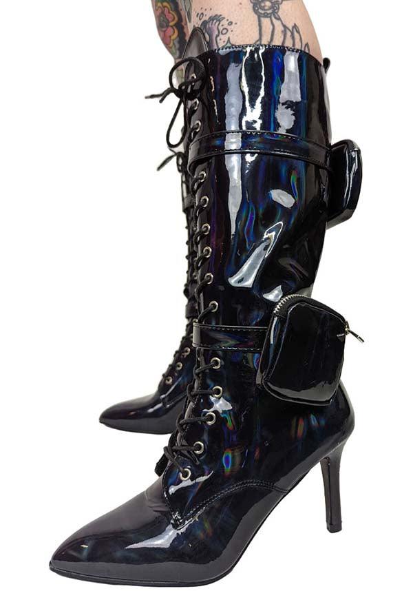 San Jose-01 [Black Holo] | BOOTS** - Beserk - all, anthony wang, AW31896, black, boots, boots [in stock], clickfrenzy15-2023, collection-wintersale2022, discountapp, fetish, finalsale, heels, heels [in stock], in stock, instock, knee high boots, labelexclusive, labelinstock, labelsale, labelvegan, long boots, mar22, mysterypack2023, patent, pockets, R210322, sale, sale shoes, shiny, shoes, vegan