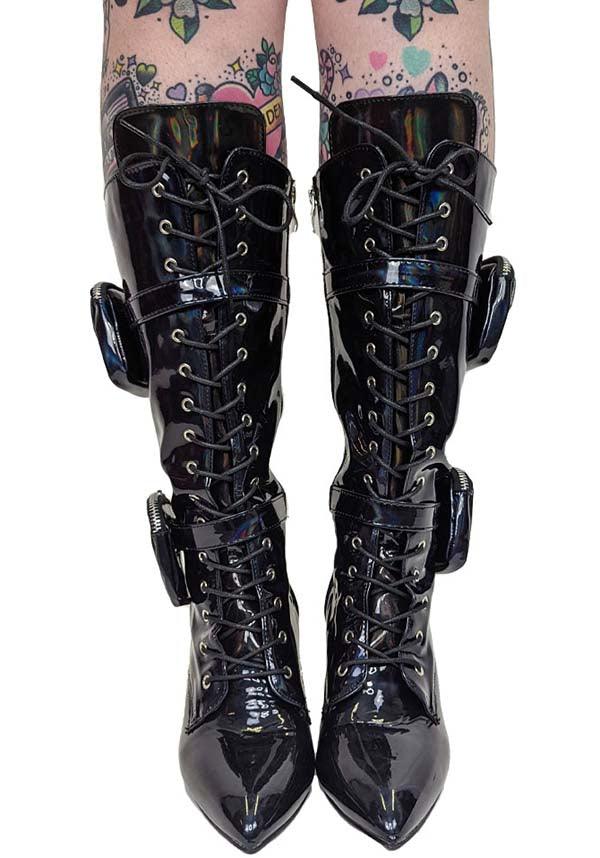 San Jose-01 [Black Holo] | BOOTS** - Beserk - all, anthony wang, AW31896, black, boots, boots [in stock], clickfrenzy15-2023, collection-wintersale2022, discountapp, fetish, finalsale, heels, heels [in stock], in stock, instock, knee high boots, labelexclusive, labelinstock, labelsale, labelvegan, long boots, mar22, mysterypack2023, patent, pockets, R210322, sale, sale shoes, shiny, shoes, vegan