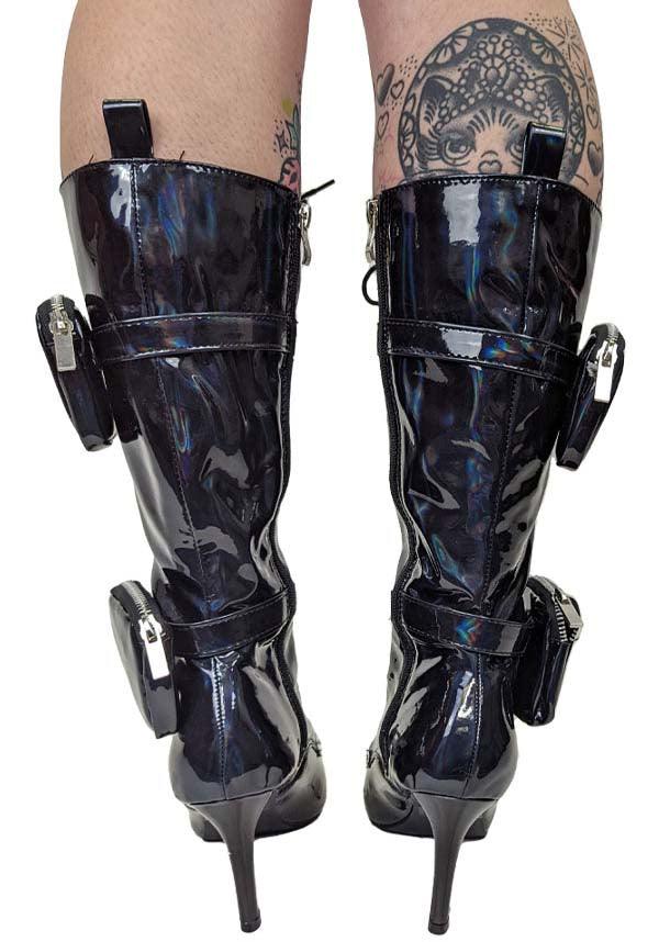 San Jose-01 [Black Holo] | BOOTS** - Beserk - all, anthony wang, AW31896, black, boots, boots [in stock], clickfrenzy15-2023, collection-wintersale2022, discountapp, fetish, finalsale, heels, heels [in stock], in stock, instock, knee high boots, labelexclusive, labelinstock, labelsale, labelvegan, long boots, mar22, mysterypack2023, patent, pockets, R210322, sale, sale shoes, shiny, shoes, vegan