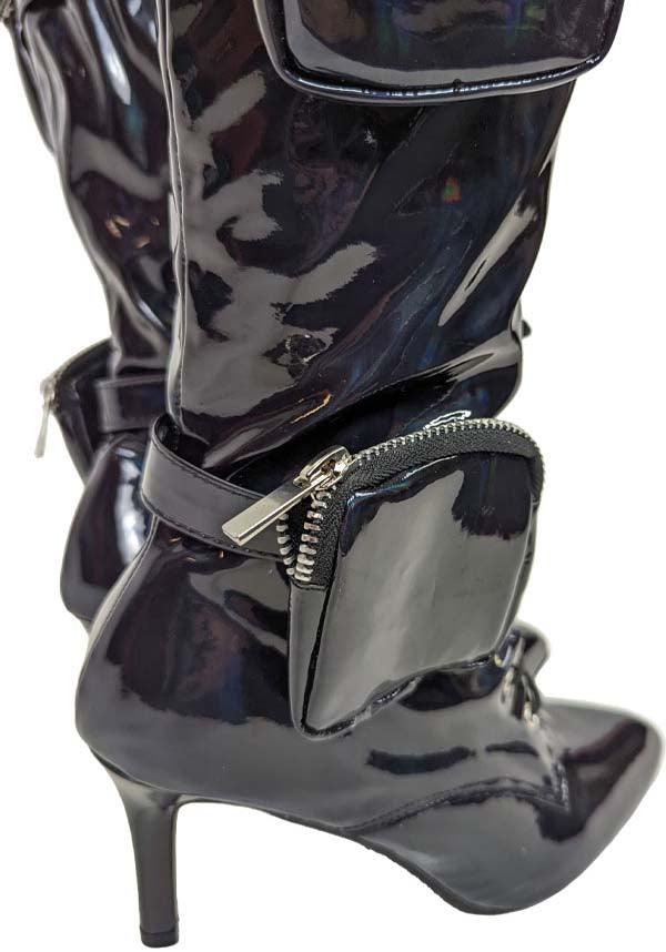 San Jose-01 [Black Holo] | BOOTS** - Beserk - all, anthony wang, AW31896, black, boots, boots [in stock], clickfrenzy15-2023, collection-wintersale2022, discountapp, fetish, finalsale, heels, heels [in stock], in stock, instock, knee high boots, labelexclusive, labelinstock, labelsale, labelvegan, long boots, mar22, mysterypack2023, patent, pockets, R210322, sale, sale shoes, shiny, shoes, vegan