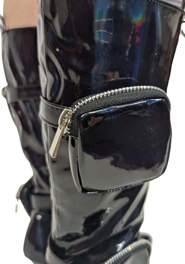 San Jose-01 [Black Holo] | BOOTS** - Beserk - all, anthony wang, AW31896, black, boots, boots [in stock], clickfrenzy15-2023, collection-wintersale2022, discountapp, fetish, finalsale, heels, heels [in stock], in stock, instock, knee high boots, labelexclusive, labelinstock, labelsale, labelvegan, long boots, mar22, mysterypack2023, patent, pockets, R210322, sale, sale shoes, shiny, shoes, vegan