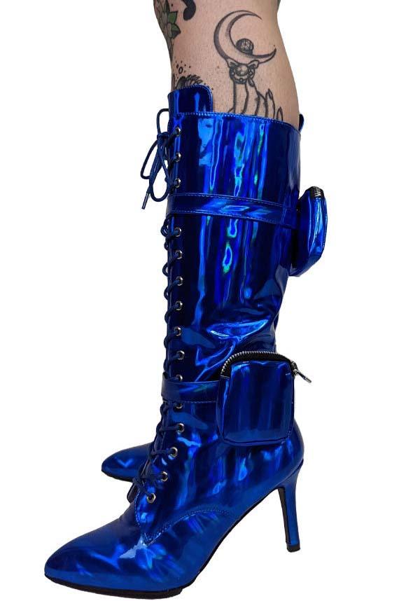 San Jose-01 [Blue] | BOOTS** - Beserk - all, anthony wang, AW31896, blue, boots, boots [in stock], clickfrenzy15-2023, collection-wintersale2022, colour:blue, discountapp, finalsale, heeled boots, heels, heels [in stock], in stock, instock, knee high boots, labelexclusive, labelinstock, labelsale, labelvegan, long boots, mar22, mysteryboxsale, mysteryboxsaleshoes, mysterypack2023, pockets, R210322, sale, sale shoes, shiny, shoes, vegan