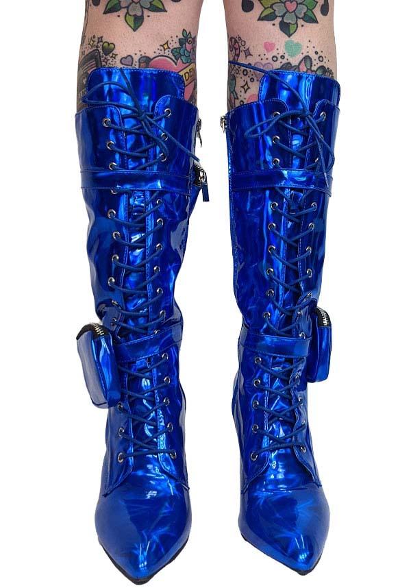 San Jose-01 [Blue] | BOOTS** - Beserk - all, anthony wang, AW31896, blue, boots, boots [in stock], clickfrenzy15-2023, collection-wintersale2022, colour:blue, discountapp, finalsale, heeled boots, heels, heels [in stock], in stock, instock, knee high boots, labelexclusive, labelinstock, labelsale, labelvegan, long boots, mar22, mysteryboxsale, mysteryboxsaleshoes, mysterypack2023, pockets, R210322, sale, sale shoes, shiny, shoes, vegan