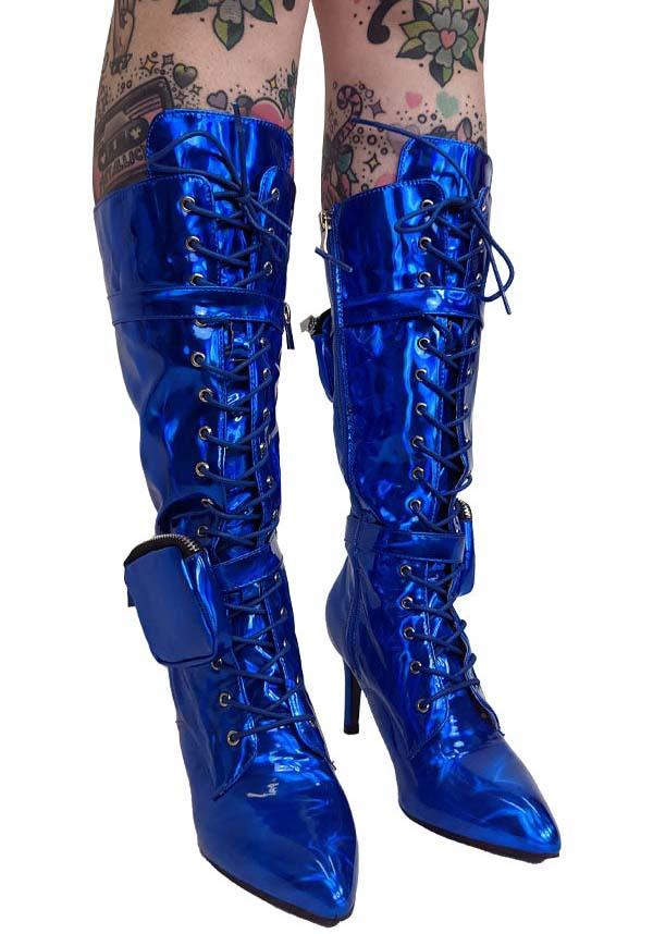 San Jose-01 [Blue] | BOOTS** - Beserk - all, anthony wang, AW31896, blue, boots, boots [in stock], clickfrenzy15-2023, collection-wintersale2022, colour:blue, discountapp, finalsale, heeled boots, heels, heels [in stock], in stock, instock, knee high boots, labelexclusive, labelinstock, labelsale, labelvegan, long boots, mar22, mysteryboxsale, mysteryboxsaleshoes, mysterypack2023, pockets, R210322, sale, sale shoes, shiny, shoes, vegan
