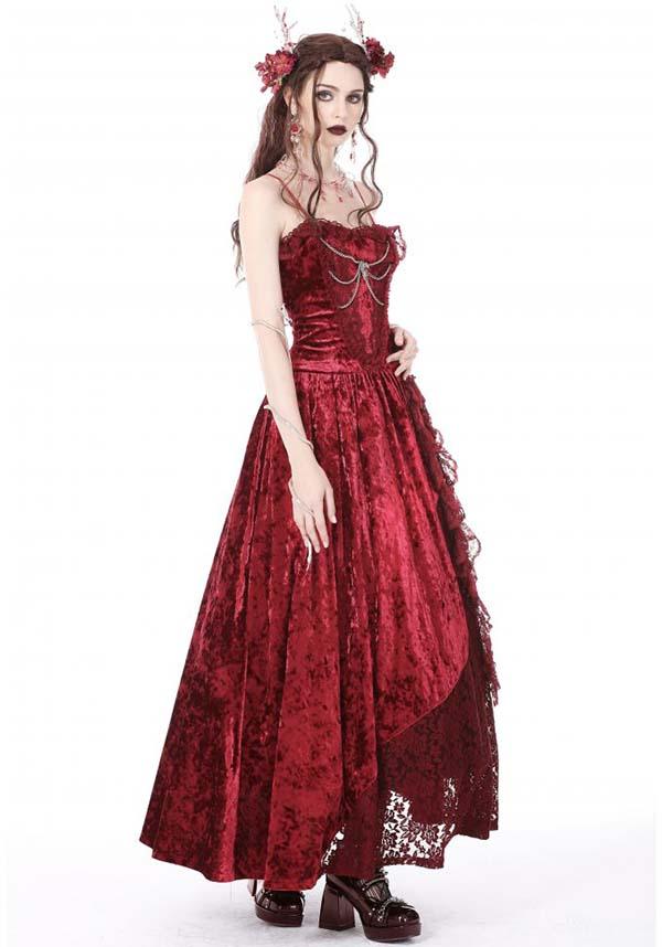 Blood Rose | VELVET MAXI DRESS - Beserk - all, all clothing, all ladies clothing, apr23, asymmetric, asymmetrical, bat, bat wings, bats, batwing, chain, chains, clothing, cross, dark in love, DIL230401, discountapp, dress, dresses, fantasy, formal, formal wear, fp, googleshopping, goth, gothic, lace, ladies clothing, ladies dress, ladies dresses, long dress, maxi dress, R230423, red, renaissance, see through, sheer, silver, velvet, witchy, womens dress, womens dresses