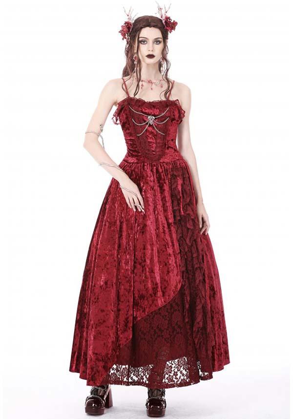 Blood Rose | VELVET MAXI DRESS - Beserk - all, all clothing, all ladies clothing, apr23, asymmetric, asymmetrical, bat, bat wings, bats, batwing, chain, chains, clothing, cross, dark in love, DIL230401, discountapp, dress, dresses, fantasy, formal, formal wear, fp, googleshopping, goth, gothic, lace, ladies clothing, ladies dress, ladies dresses, long dress, maxi dress, R230423, red, renaissance, see through, sheer, silver, velvet, witchy, womens dress, womens dresses