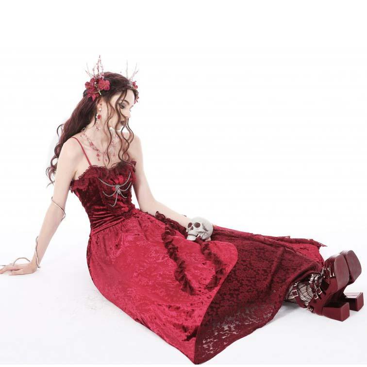 Blood Rose | VELVET MAXI DRESS - Beserk - all, all clothing, all ladies clothing, apr23, asymmetric, asymmetrical, bat, bat wings, bats, batwing, chain, chains, clothing, cross, dark in love, DIL230401, discountapp, dress, dresses, fantasy, formal, formal wear, fp, googleshopping, goth, gothic, lace, ladies clothing, ladies dress, ladies dresses, long dress, maxi dress, R230423, red, renaissance, see through, sheer, silver, velvet, witchy, womens dress, womens dresses