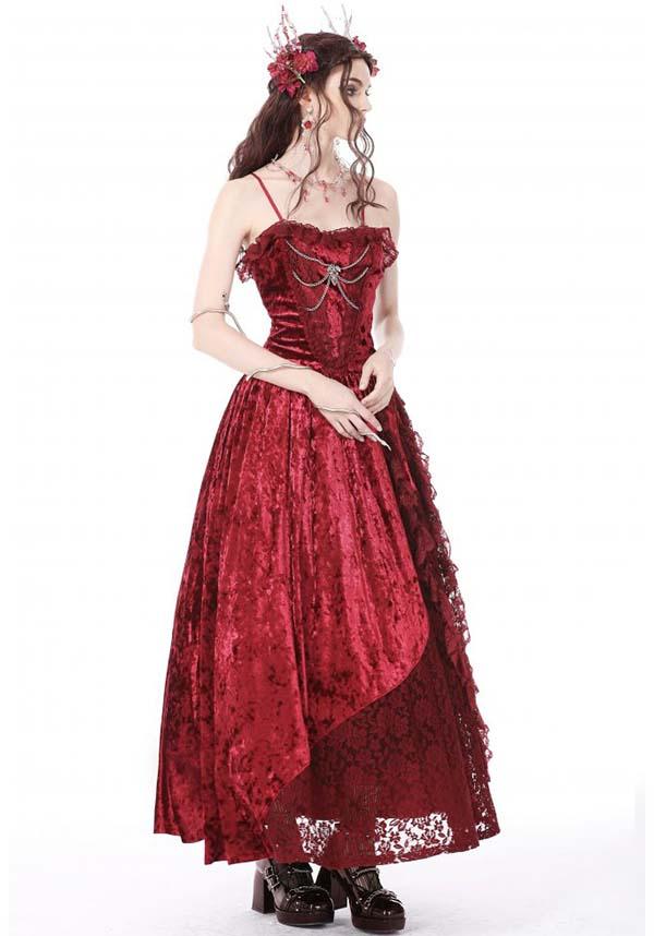 Blood Rose | VELVET MAXI DRESS - Beserk - all, all clothing, all ladies clothing, apr23, asymmetric, asymmetrical, bat, bat wings, bats, batwing, chain, chains, clothing, cross, dark in love, DIL230401, discountapp, dress, dresses, fantasy, formal, formal wear, fp, googleshopping, goth, gothic, lace, ladies clothing, ladies dress, ladies dresses, long dress, maxi dress, R230423, red, renaissance, see through, sheer, silver, velvet, witchy, womens dress, womens dresses