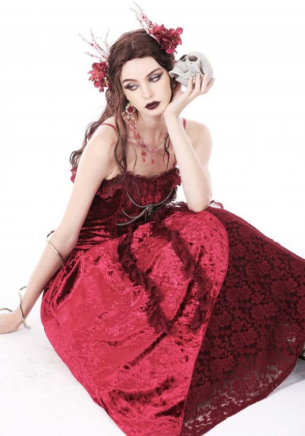 Blood Rose | VELVET MAXI DRESS - Beserk - all, all clothing, all ladies clothing, apr23, asymmetric, asymmetrical, bat, bat wings, bats, batwing, chain, chains, clothing, cross, dark in love, DIL230401, discountapp, dress, dresses, fantasy, formal, formal wear, fp, googleshopping, goth, gothic, lace, ladies clothing, ladies dress, ladies dresses, long dress, maxi dress, R230423, red, renaissance, see through, sheer, silver, velvet, witchy, womens dress, womens dresses