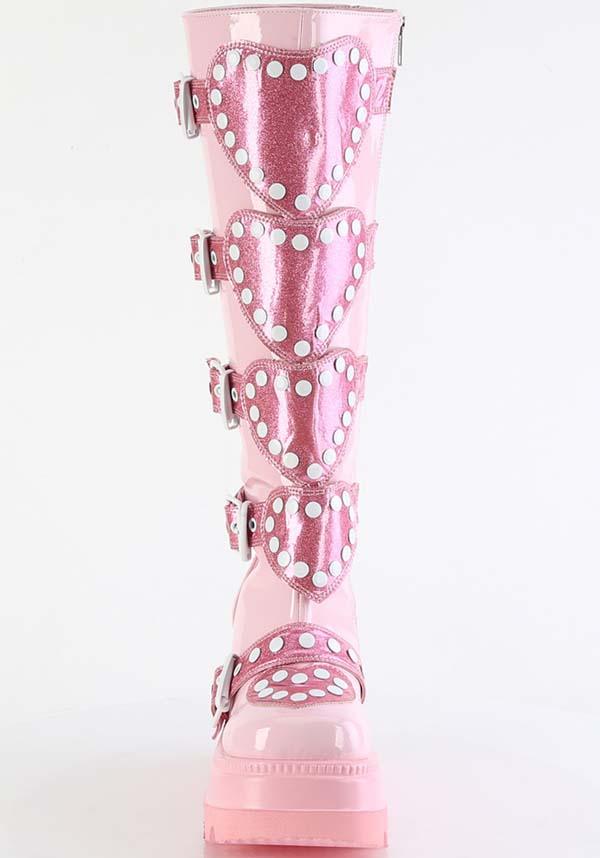 SHAKER-210 [Pink Patent] | PLATFORM BOOTS [PREORDER] - Beserk - all, apr23, baby pink, boots, boots [preorder], buckle, buckles, colour:pink, cute, demonia, demonia shoes, discountapp, fp, googleshopping, harajuku, heart, heart shape, hearts, kawaii, knee high boots, labelpreorder, labelvegan, light pink, love heart, pastel, pastel goth, pastel pink, pink, platform, platform [preorder], platform boots, platforms, platforms [preorder], ppo, preorder, shoes, valentines, valentines day