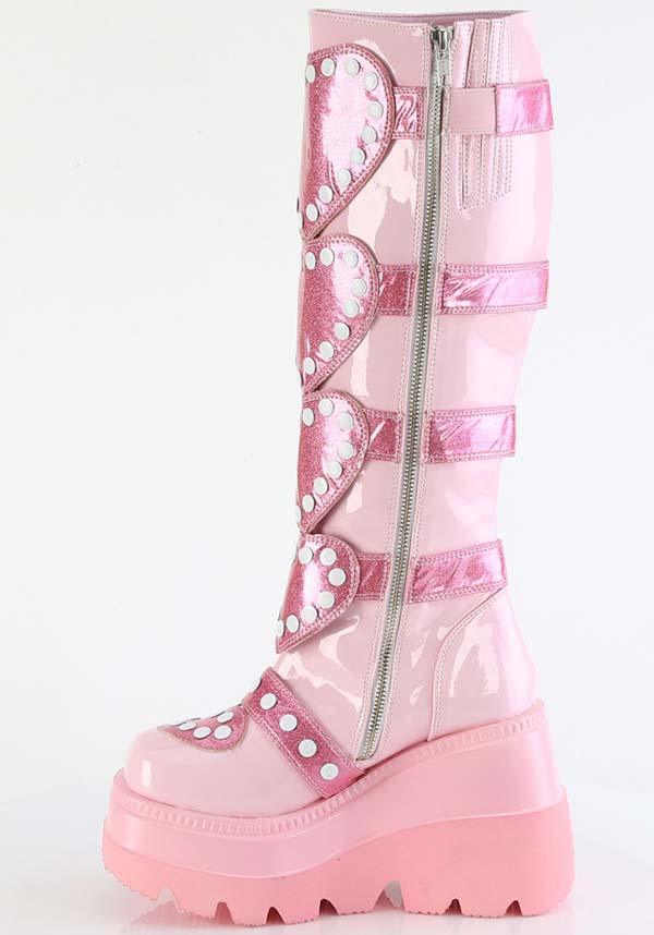 SHAKER-210 [Pink Patent] | PLATFORM BOOTS [PREORDER] - Beserk - all, apr23, baby pink, boots, boots [preorder], buckle, buckles, colour:pink, cute, demonia, demonia shoes, discountapp, fp, googleshopping, harajuku, heart, heart shape, hearts, kawaii, knee high boots, labelpreorder, labelvegan, light pink, love heart, pastel, pastel goth, pastel pink, pink, platform, platform [preorder], platform boots, platforms, platforms [preorder], ppo, preorder, shoes, valentines, valentines day
