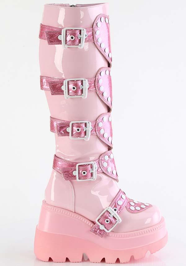 SHAKER-210 [Pink Patent] | PLATFORM BOOTS [PREORDER] - Beserk - all, apr23, baby pink, boots, boots [preorder], buckle, buckles, colour:pink, cute, demonia, demonia shoes, discountapp, fp, googleshopping, harajuku, heart, heart shape, hearts, kawaii, knee high boots, labelpreorder, labelvegan, light pink, love heart, pastel, pastel goth, pastel pink, pink, platform, platform [preorder], platform boots, platforms, platforms [preorder], ppo, preorder, shoes, valentines, valentines day