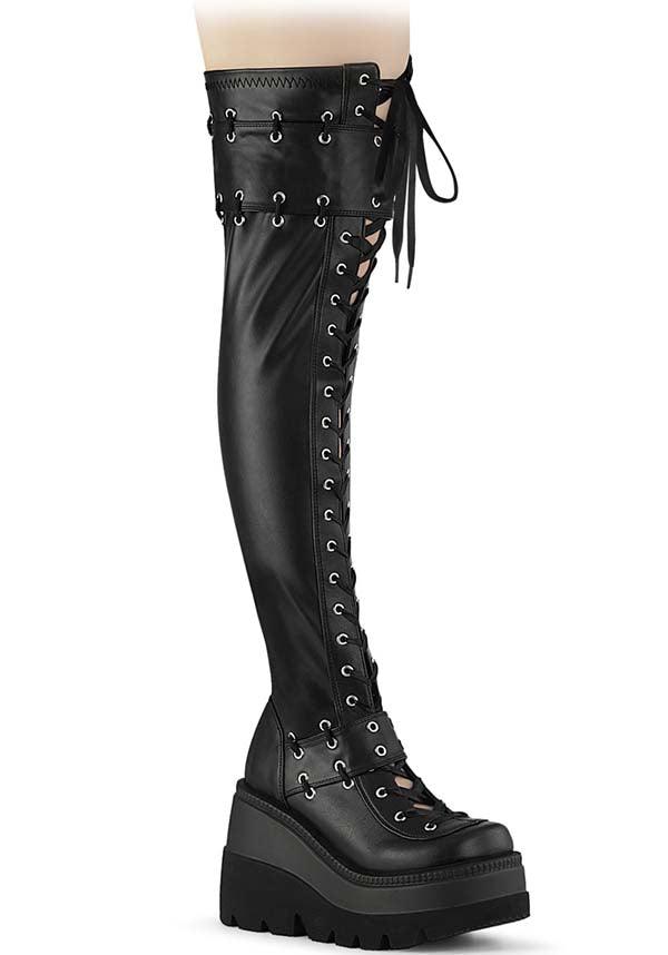 SHAKER-325 [Black] | PLATFORM BOOTS [PREORDER] - Beserk - all, apr23, black, boot, boots, boots [preorder], demonia, demonia shoes, discountapp, fp, googleshopping, goth, gothic, labelpreorder, labelvegan, lace up, ladies shoes, long boots, platform, platform [preorder], platform boots, platforms, platforms [preorder], ppo, preorder, punk, shoe, shoes, thigh high, thigh high boots, vegan