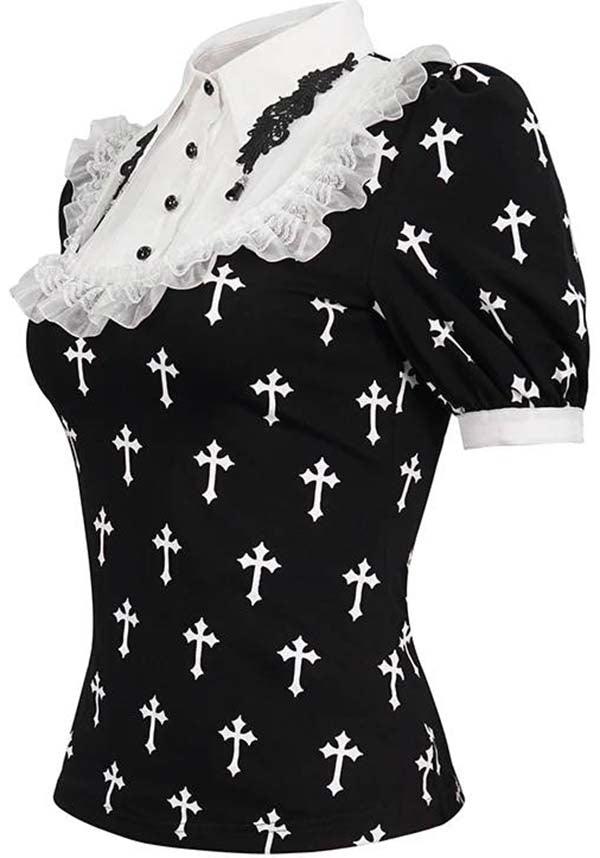 Magdeline Cross | TOP - Beserk - all, all clothing, all ladies clothing, apr23, black and white, buttons, chiffon, clothing, cross, cuffs, devil fashion, discountapp, DVPI022923, fp, googleshopping, goth, goth shirt, gothic, lace, ladies clothing, ladies shirt, ladies top, ladies tops, medieval, office, office clothing, plus size, R240423, renaissance, shirt, shirts, tees and tops, top, tops, tshirts and tops, victorian, womens shirt, womens shirts, womens top