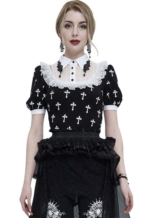 Magdeline Cross | TOP - Beserk - all, all clothing, all ladies clothing, apr23, black and white, buttons, chiffon, clothing, cross, cuffs, devil fashion, discountapp, DVPI022923, fp, googleshopping, goth, goth shirt, gothic, lace, ladies clothing, ladies shirt, ladies top, ladies tops, medieval, office, office clothing, plus size, R240423, renaissance, shirt, shirts, tees and tops, top, tops, tshirts and tops, victorian, womens shirt, womens shirts, womens top