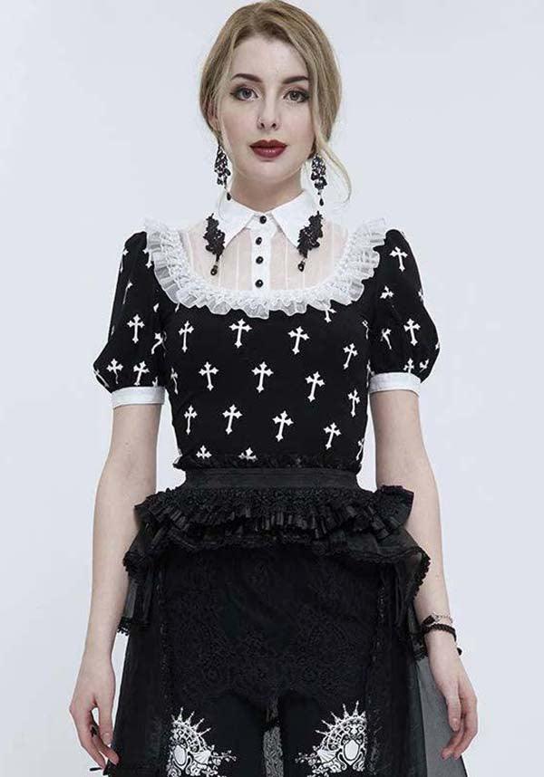 Magdeline Cross | TOP - Beserk - all, all clothing, all ladies clothing, apr23, black and white, buttons, chiffon, clothing, cross, cuffs, devil fashion, discountapp, DVPI022923, fp, googleshopping, goth, goth shirt, gothic, lace, ladies clothing, ladies shirt, ladies top, ladies tops, medieval, office, office clothing, plus size, R240423, renaissance, shirt, shirts, tees and tops, top, tops, tshirts and tops, victorian, womens shirt, womens shirts, womens top