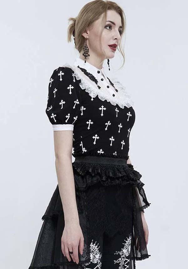 Magdeline Cross | TOP - Beserk - all, all clothing, all ladies clothing, apr23, black and white, buttons, chiffon, clothing, cross, cuffs, devil fashion, discountapp, DVPI022923, fp, googleshopping, goth, goth shirt, gothic, lace, ladies clothing, ladies shirt, ladies top, ladies tops, medieval, office, office clothing, plus size, R240423, renaissance, shirt, shirts, tees and tops, top, tops, tshirts and tops, victorian, womens shirt, womens shirts, womens top