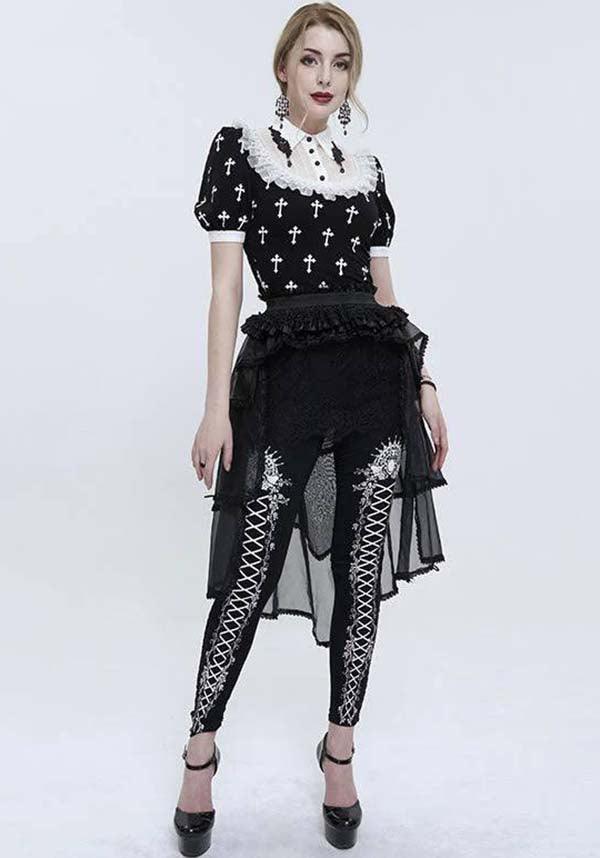 Magdeline Cross | TOP - Beserk - all, all clothing, all ladies clothing, apr23, black and white, buttons, chiffon, clothing, cross, cuffs, devil fashion, discountapp, DVPI022923, fp, googleshopping, goth, goth shirt, gothic, lace, ladies clothing, ladies shirt, ladies top, ladies tops, medieval, office, office clothing, plus size, R240423, renaissance, shirt, shirts, tees and tops, top, tops, tshirts and tops, victorian, womens shirt, womens shirts, womens top