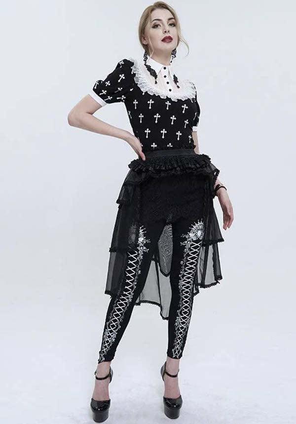 Magdeline Cross | TOP - Beserk - all, all clothing, all ladies clothing, apr23, black and white, buttons, chiffon, clothing, cross, cuffs, devil fashion, discountapp, DVPI022923, fp, googleshopping, goth, goth shirt, gothic, lace, ladies clothing, ladies shirt, ladies top, ladies tops, medieval, office, office clothing, plus size, R240423, renaissance, shirt, shirts, tees and tops, top, tops, tshirts and tops, victorian, womens shirt, womens shirts, womens top